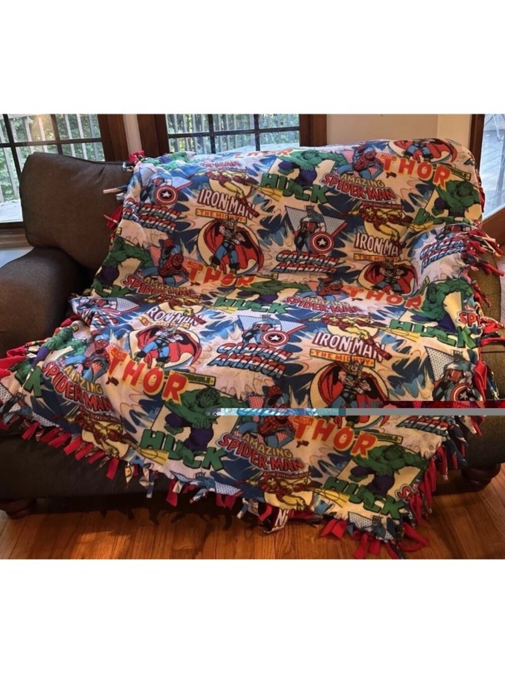 Marvel comics Superheroes Spider-Man Thor Hulk Red fleece blanket Fringe 78x51”